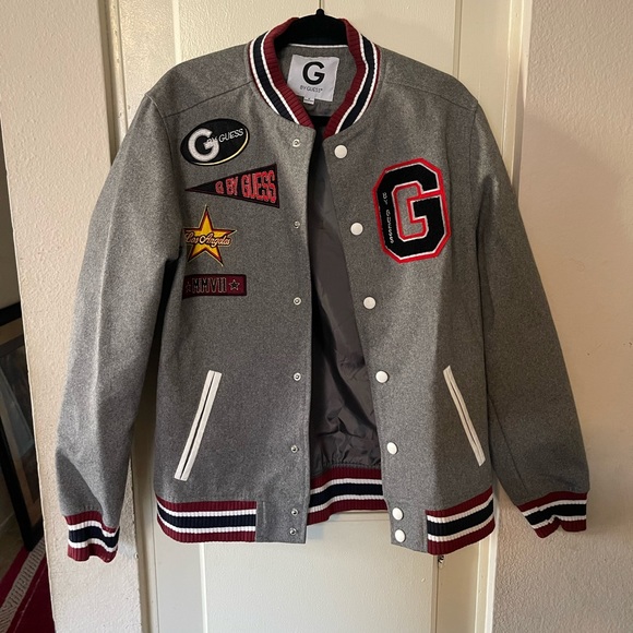 Guess Jackets & Coats Guess Grey Letterman Jacket With Patches Wool